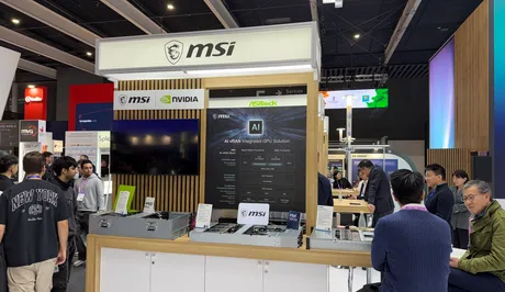 Standul MSI la MWC 2026, evidențiind soluții avansate pentru AI și telecomunicații.