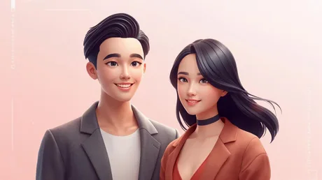 Două personaje digitale zâmbitoare, reprezentând oameni virtuali moderni.