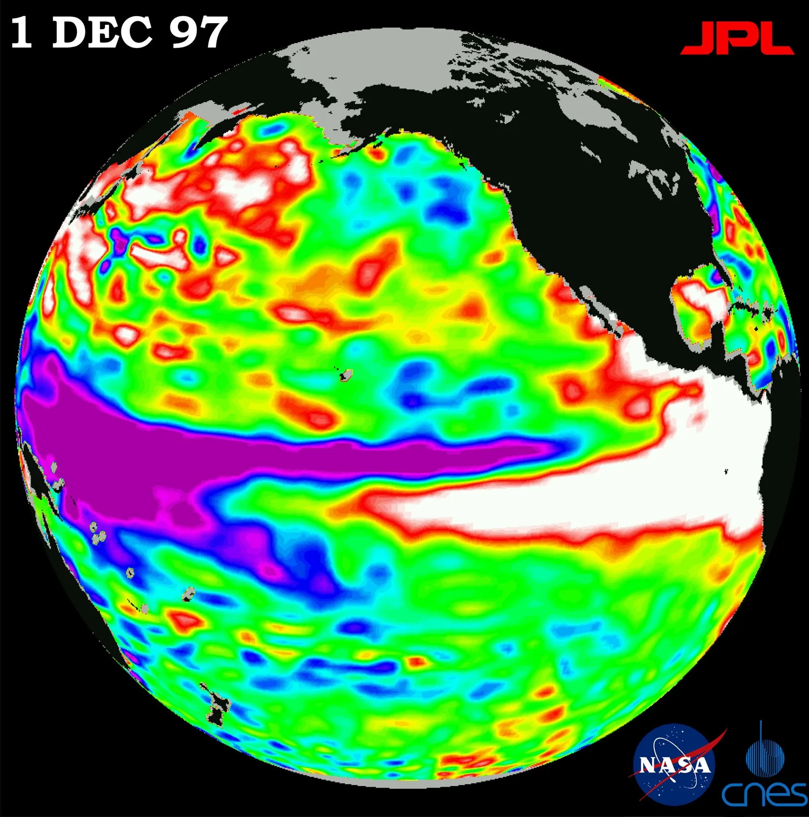 Harta temperaturilor oceanice din Pacific, evidențiind fenomenul El Niño.