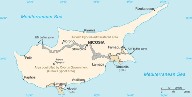 Hartă a Ciprului cu localizarea bazelor britanice Akrotiri și Dhekelia