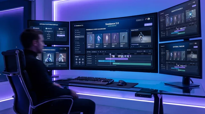 Interfața modelului video AI Seedance 2.0 pe mai multe monitoare.