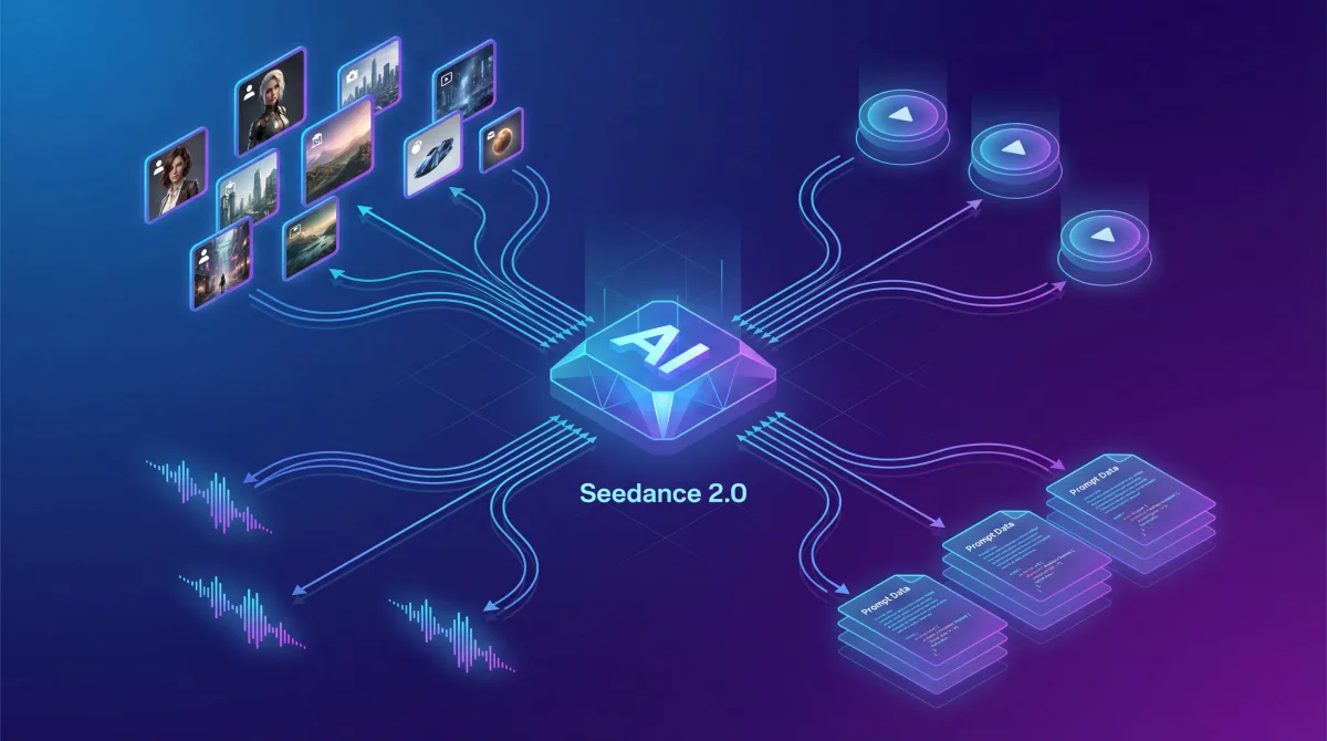Schema modelului AI Seedance 2.0 cu diverse tipuri de conținut