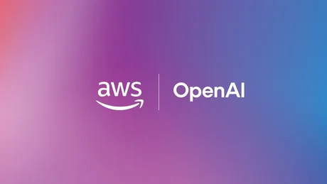 Logo-urile AWS și OpenAI pe un fundal colorat, simbolizând parteneriatul în cloud.