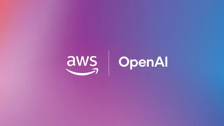 Logo-urile AWS și OpenAI pe un fundal colorat, simbolizând parteneriatul în cloud.