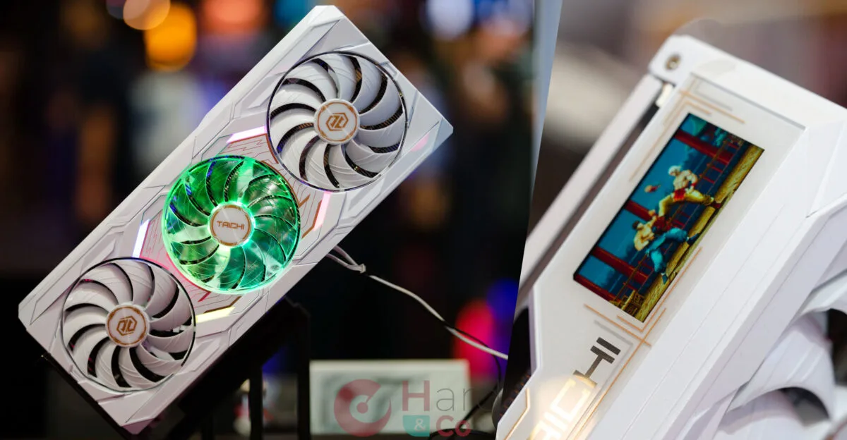 Placă video cu design alb și ecran LCD integrat pentru monitorizarea sistemului.