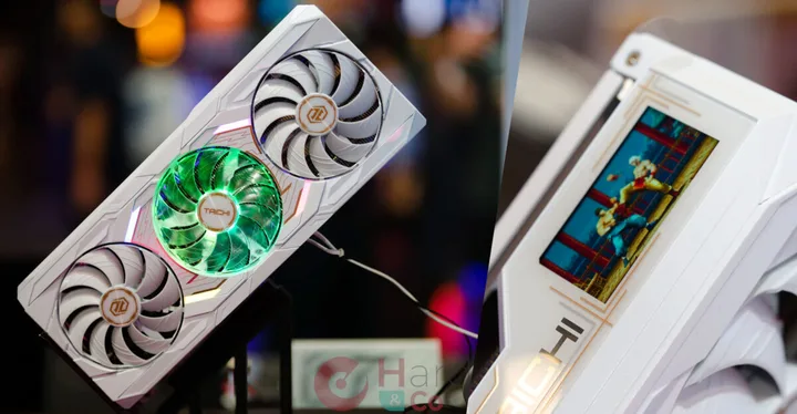 Placă video cu design alb și ecran LCD integrat pentru monitorizarea sistemului.