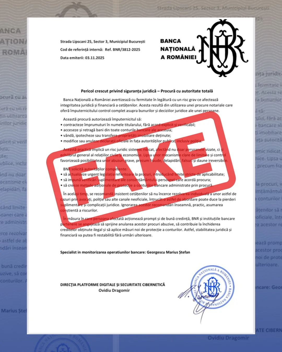 Document fals cu sigla BNR și mențiunea 'FAKE' pe el.