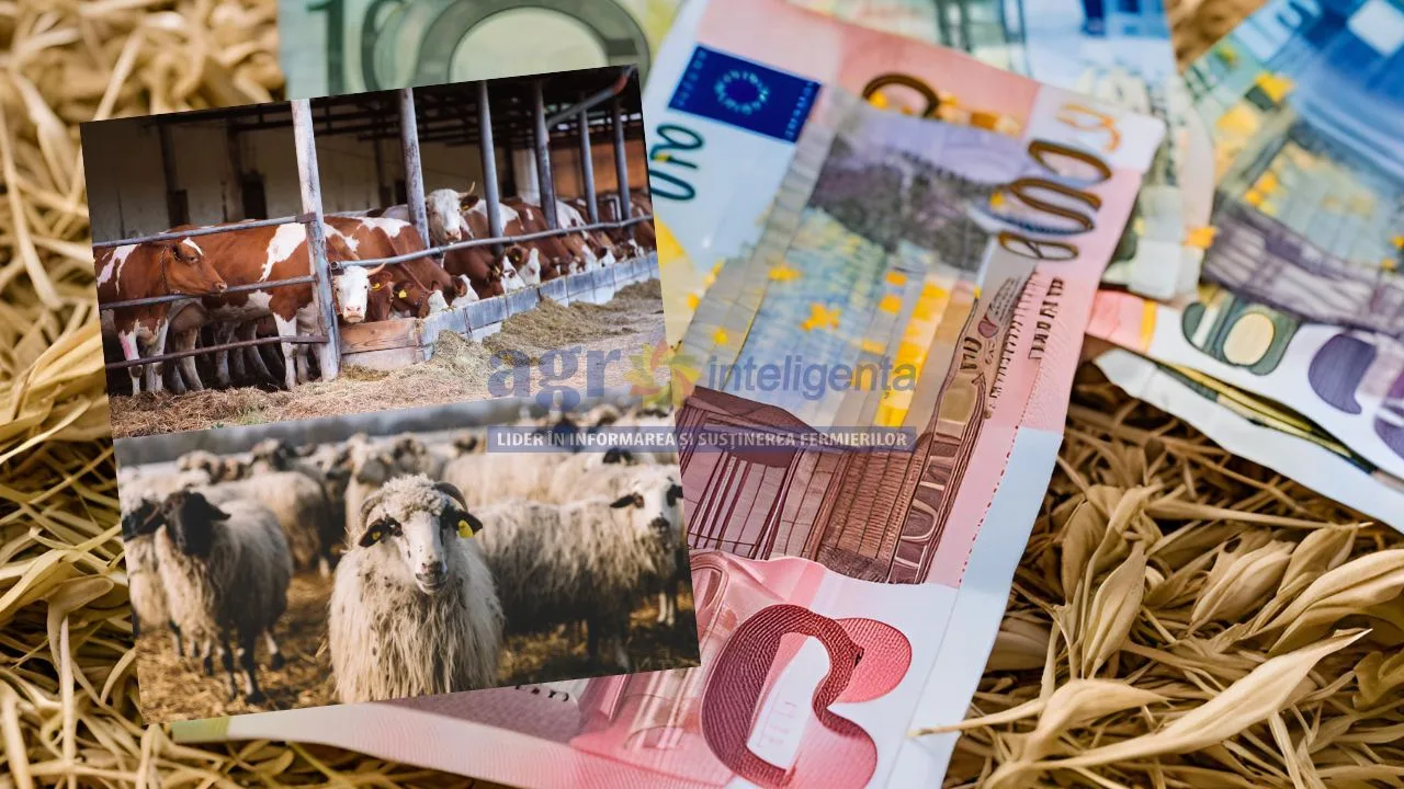 Bani și animale pe fundal de fân, simbolizând ajutoarele pentru fermieri.