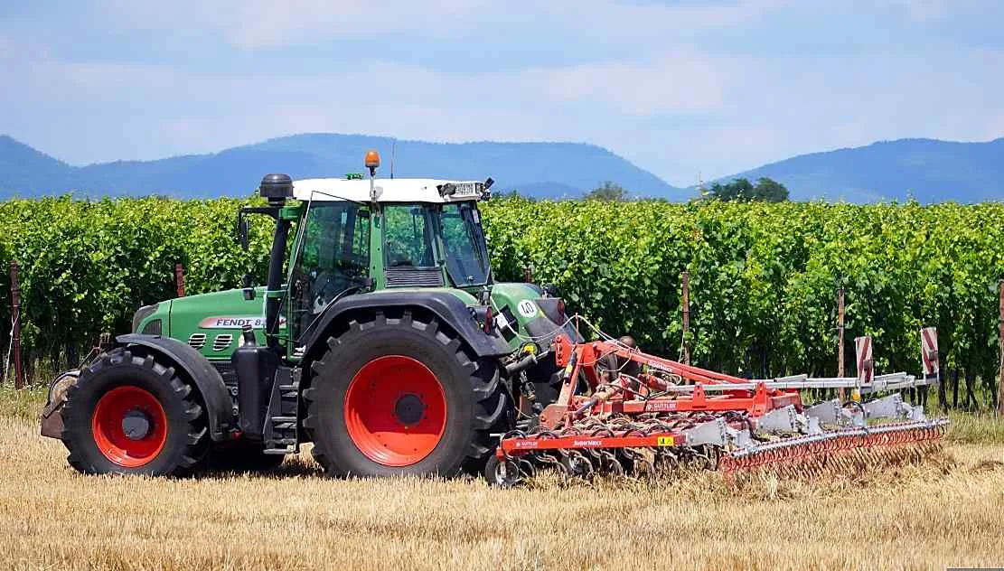 Tractor lucrând pe câmp, înconjurat de viță de vie.