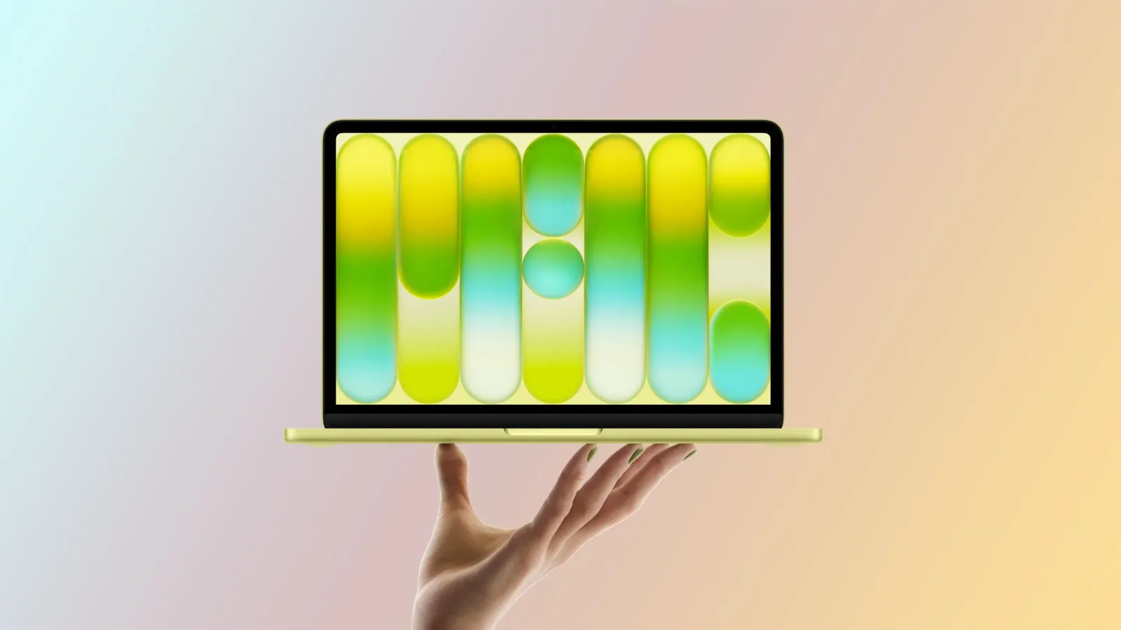 Laptopul MacBook Neo prezentat pe un fundal colorat, simbolizând inovația Apple.