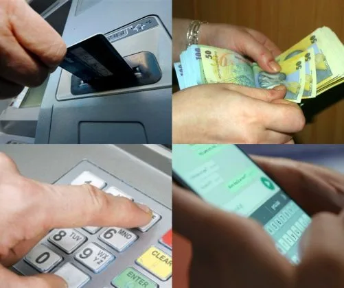 Interacțiuni financiare la un bancomat și manipularea numerarului.