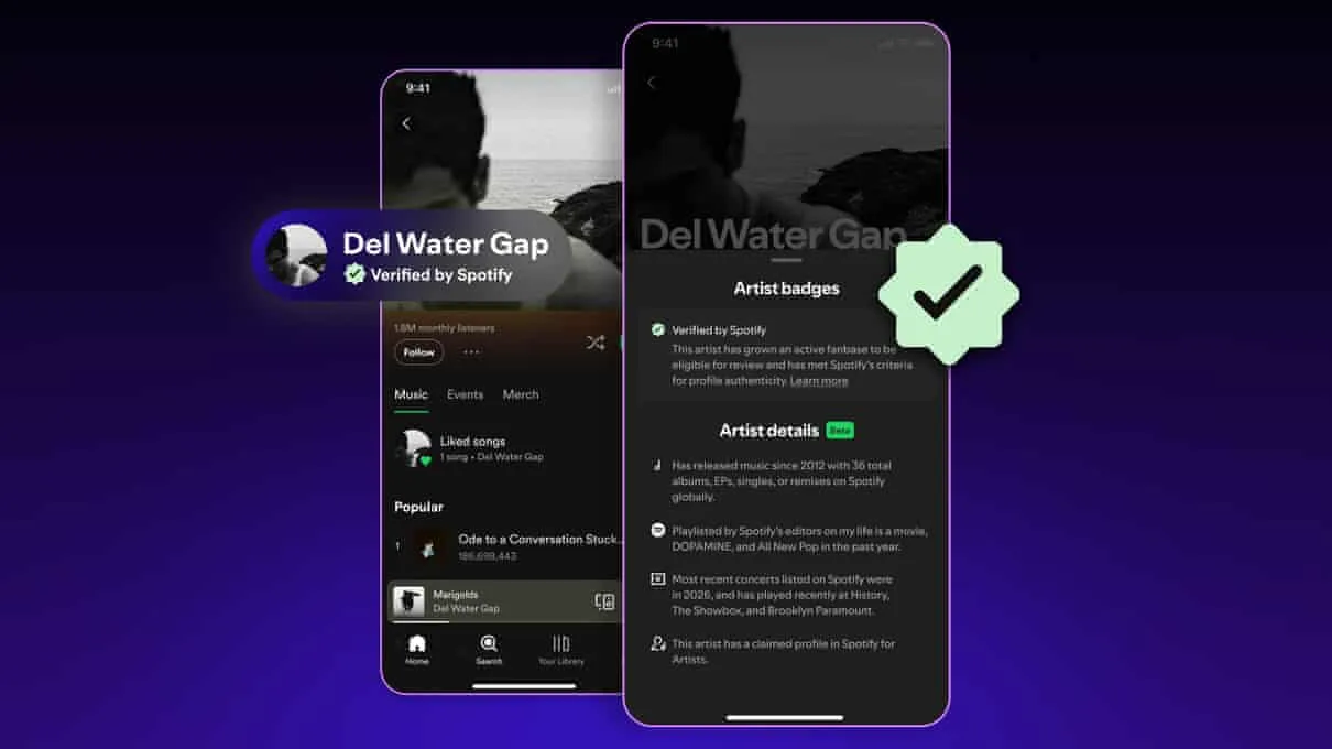 Profil Spotify cu badge de verificare pentru artistul Del Water Gap.