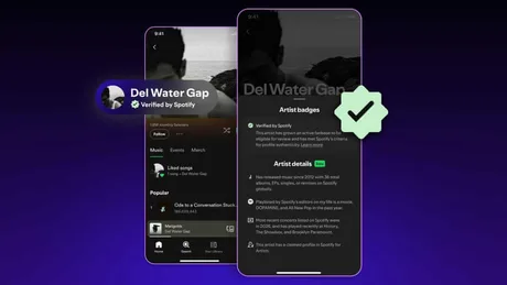 Profil Spotify cu badge de verificare pentru artistul Del Water Gap.