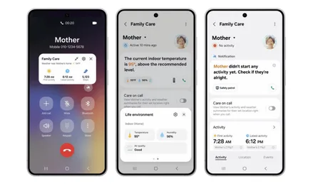 Interfața aplicației Family Care pentru monitorizarea vârstnicilor de către Samsung.
