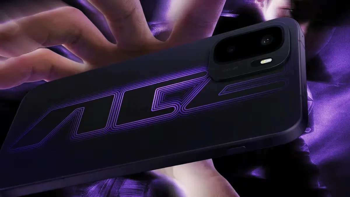 Design modern al telefonului OnePlus Ace 6 Ultra cu detalii elegante în mov.