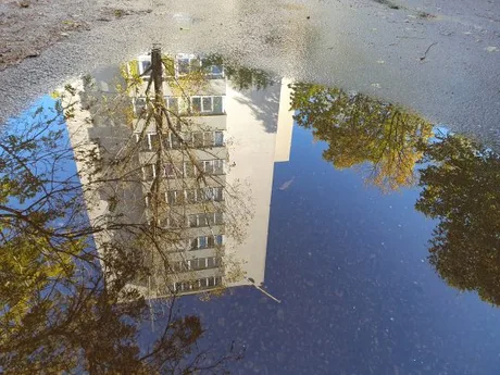 Reflecția unui bloc de locuințe în apă, evidențiind schimbările din chirii.