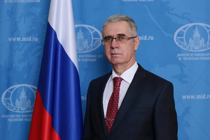 Ambasadorul Rusiei, Vladimir Lipaev, în fața steagului național.