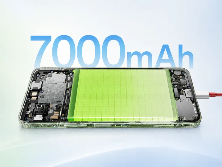 Baterie de 7000 mAh pentru autonomie extinsă în telefonul OnePlus.
