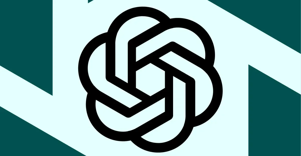 Logo OpenAI pe un fundal abstract, simbolizând inovația tehnologică.