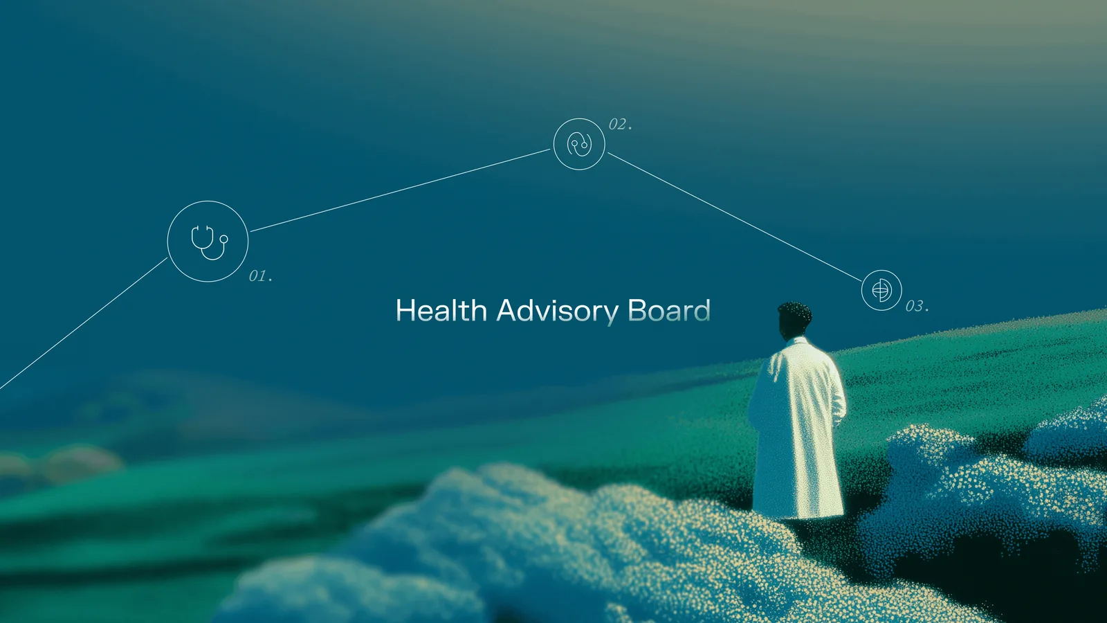 Persoană în halat alb contemplând un peisaj tehnologic avansat.