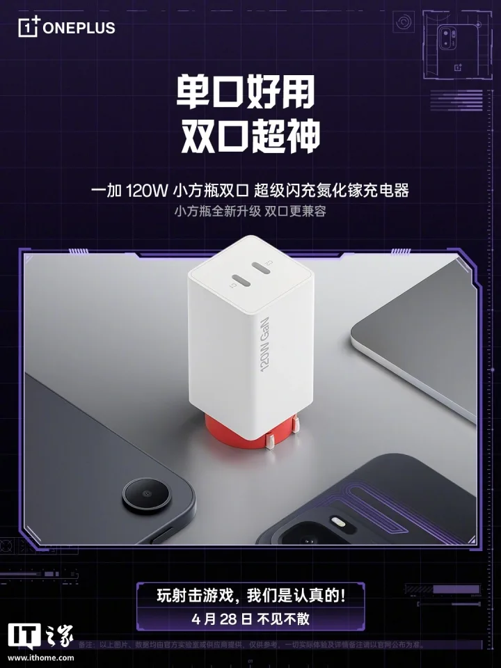 Încărcătorul OnePlus de 120W cu două porturi, design modern și eficiență ridicată.