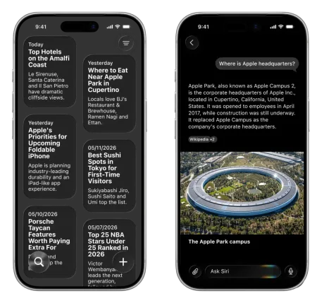 Interfața Siri integrată în iOS 27, cu animații și căutări avansate.