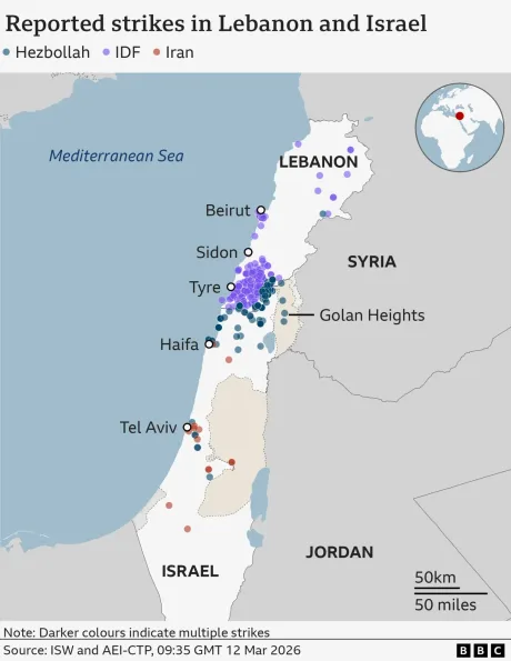 Harta atacurilor raportate în Liban și Israel.