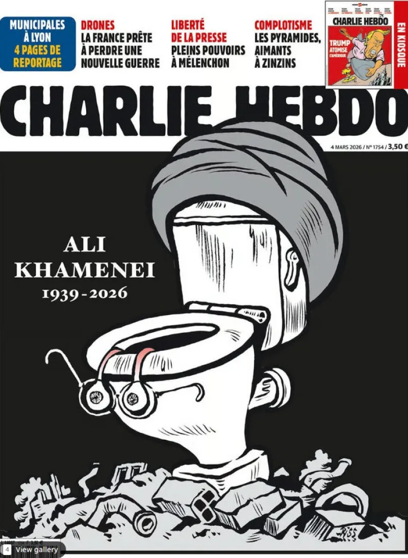 Caricatură provocatoare a lui Ali Khamenei pe coperta Charlie Hebdo.