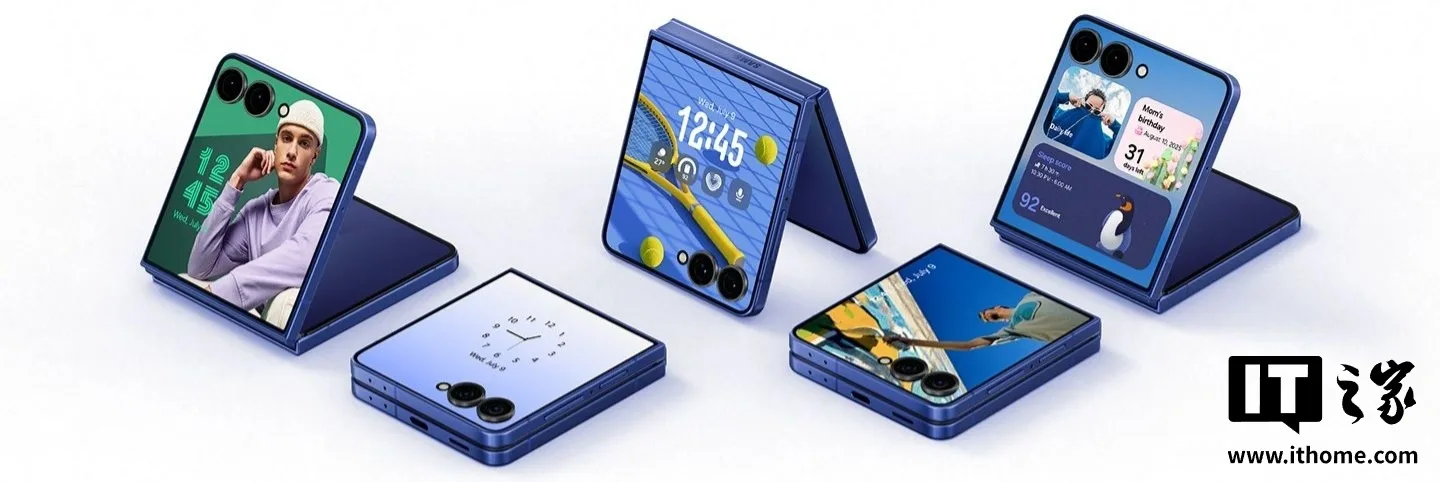 Galaxy Z Flip8 cu un design modern și balama inovatoare, expus în diverse unghiuri.