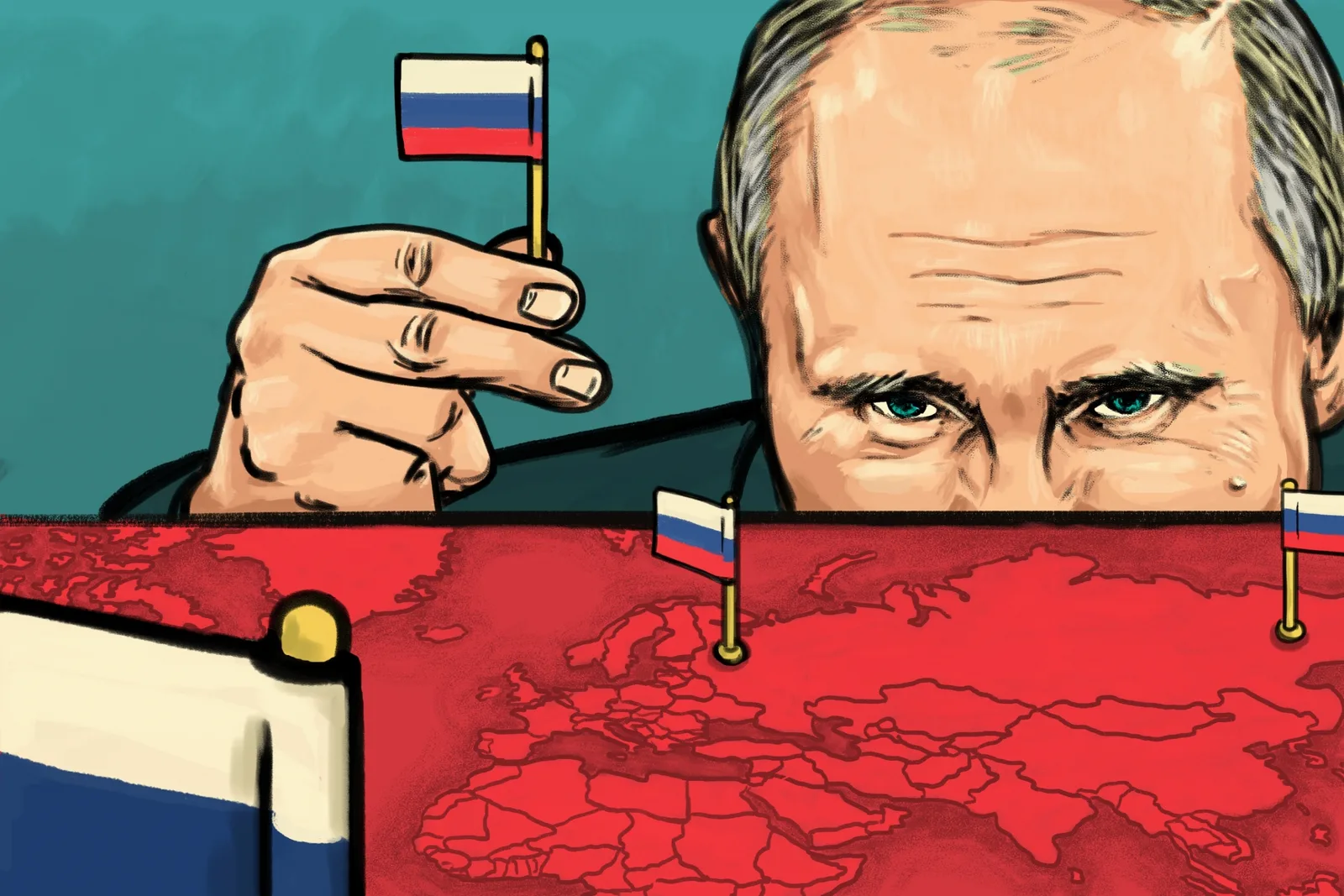 Vladimir Putin ține steaguri rusești, simbolizând controlul asupra teritoriilor ocupate.