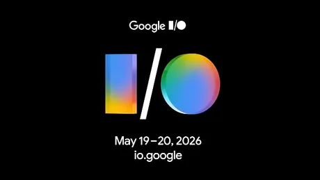 Logo-ul Google I/O 2026 cu datele conferinței pe fundal negru.