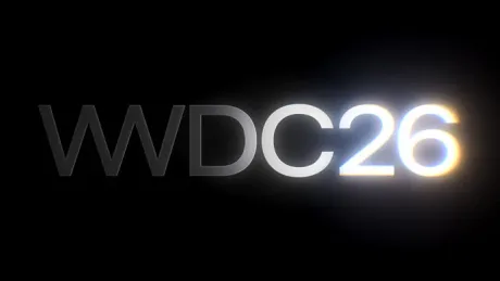 Logo-ul WWDC 2026 pe fundal negru, simbolizând inovația Apple.
