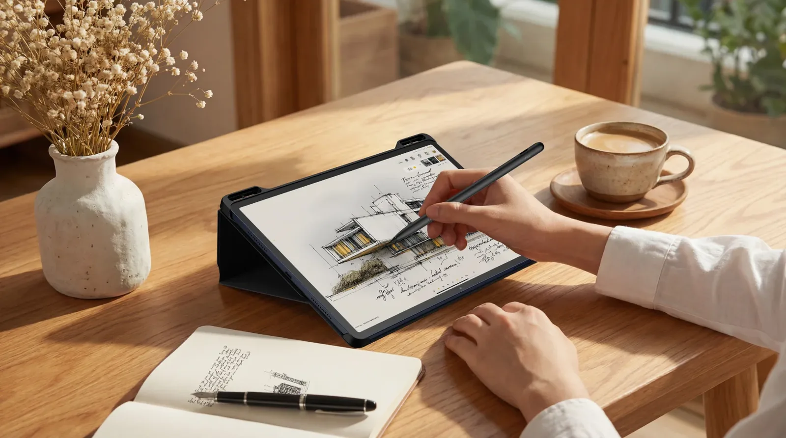 Utilizator scriind pe o tabletă TCL Note A1 NXTPAPER pe o masă de lemn.