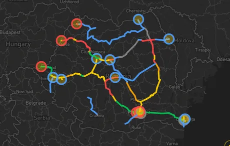 Harta detaliată a autostrăzilor din România, evidențiind stadiul proiectelor.