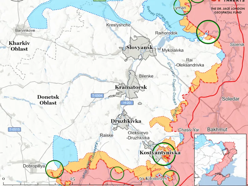 Harta regiunii Sloviansk-Kramatorsk și pozițiile militare.