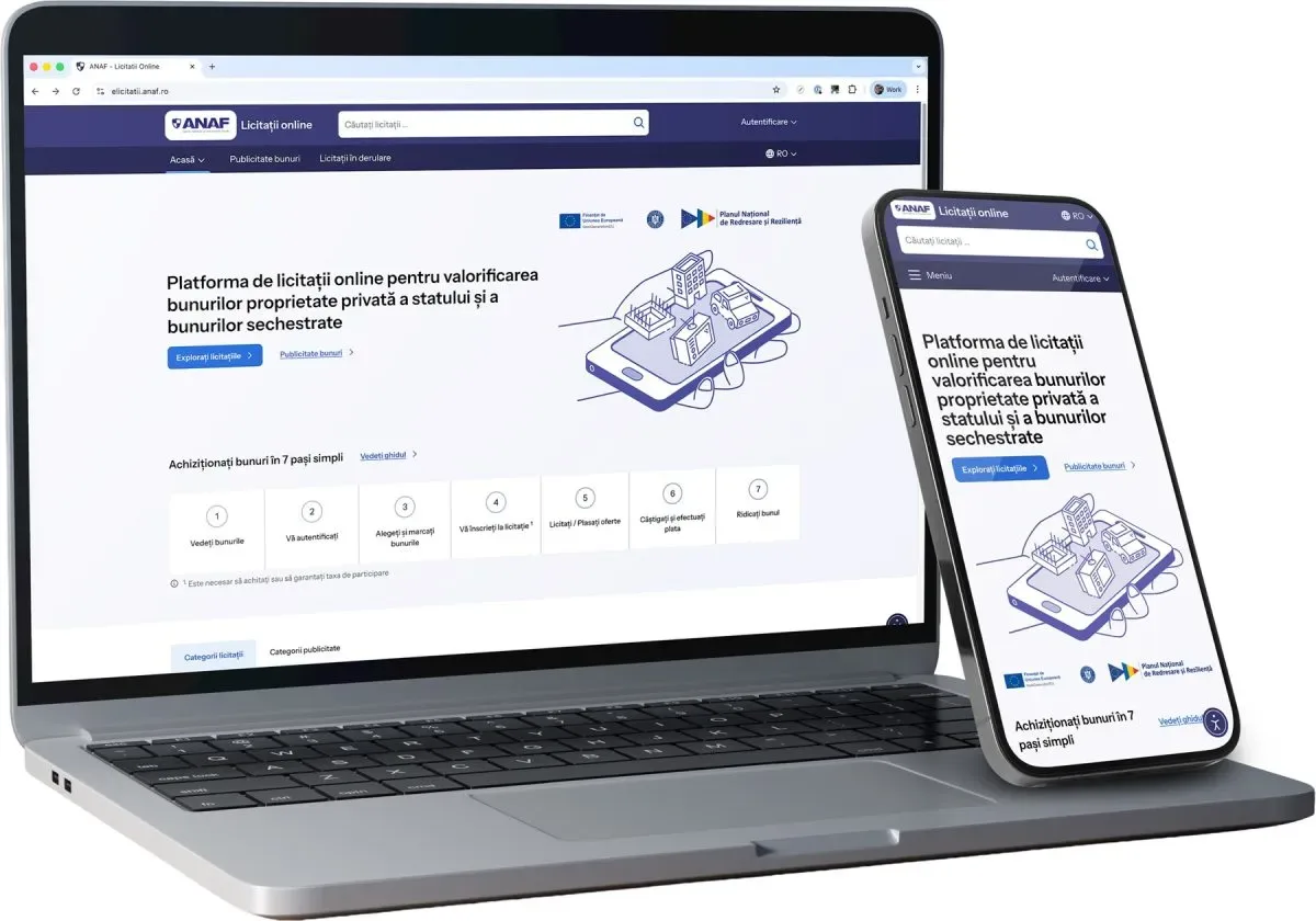 Platforma eLicitațiiANAF pe laptop și telefon, accesată masiv pentru bunuri confiscate.