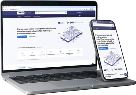 Platforma eLicitațiiANAF pe laptop și telefon, accesată masiv pentru bunuri confiscate.