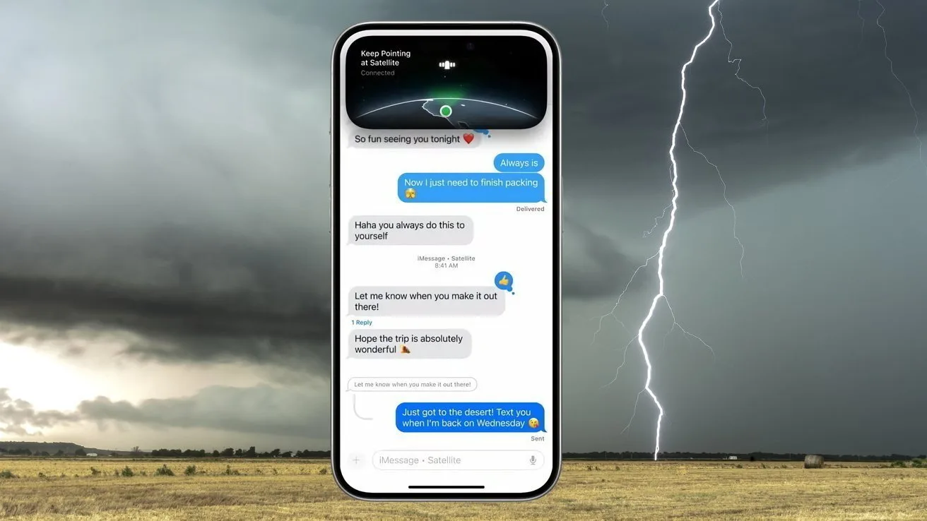 Un telefon mobil afișând mesaje prin satelit în condiții meteorologice extreme.