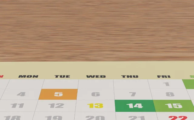 Calendar cu zilele săptămânii și sărbătorile legale evidențiate.