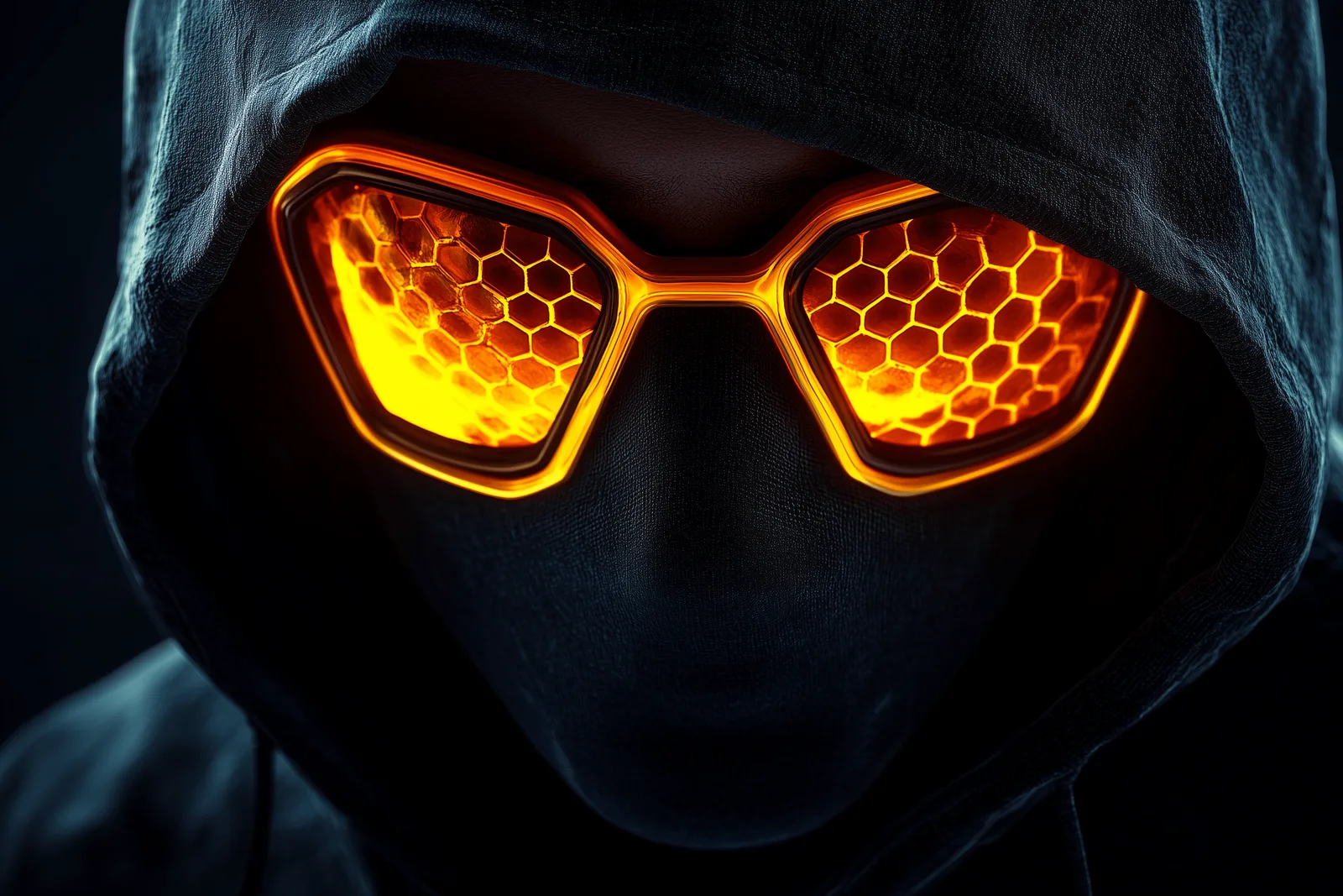 Un individ misterios cu o glugă și ochelari strălucitori, sugerând o amenințare cibernetică.