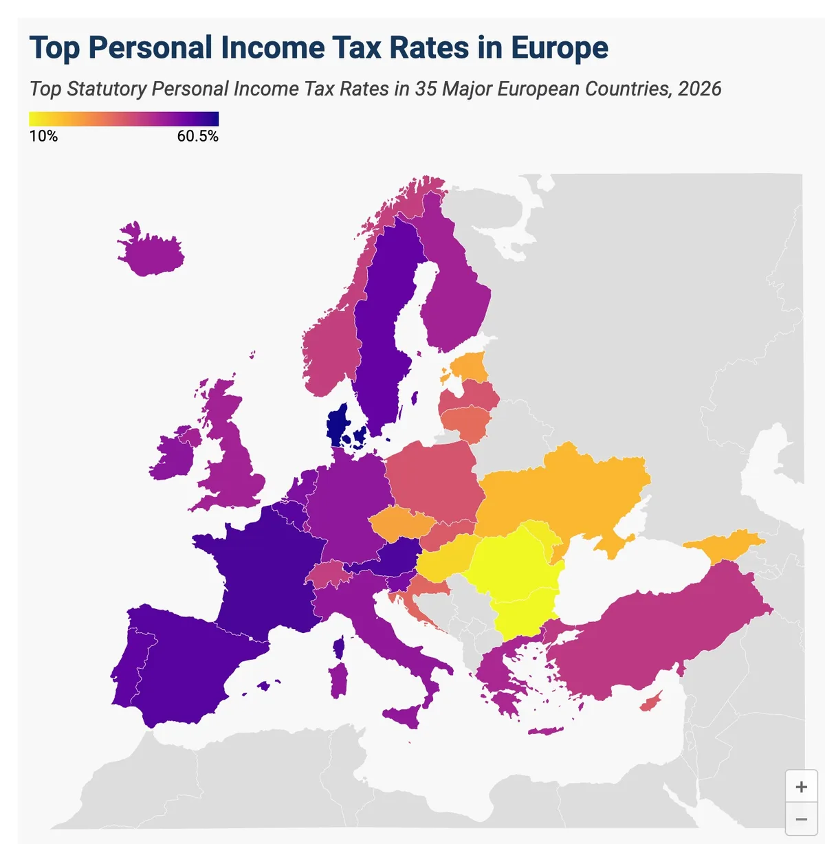 Harta Europei cu ratele impozitelor pe venit pentru 2026