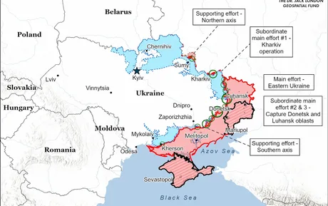 Harta care ilustrează situația militară din Ucraina și regiunile înconjurătoare.