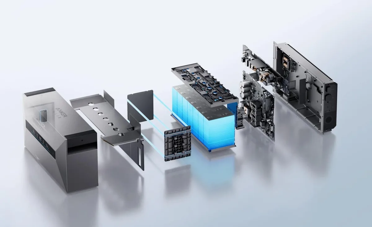 Componentele sistemului Solarbank 4 E5000 Pro desfășurate pentru analiză.