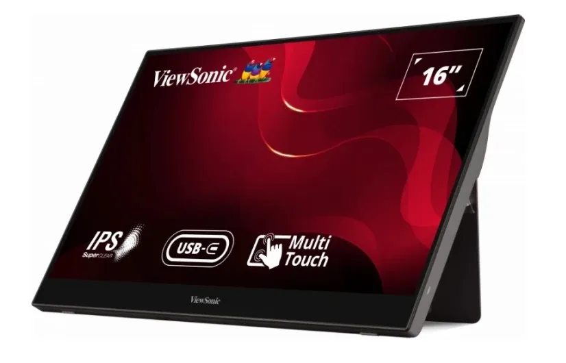 Monitor portabil cu ecran tactil și difuzoare integrate, ideal pentru utilizare mobilă.