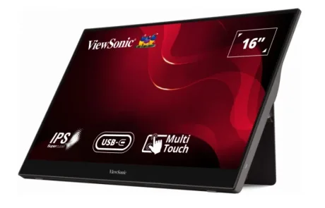 Monitor portabil cu ecran tactil și difuzoare integrate, ideal pentru utilizare mobilă.