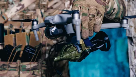 Un soldat ține o dronă în mână, pregătită pentru utilizare în misiuni.