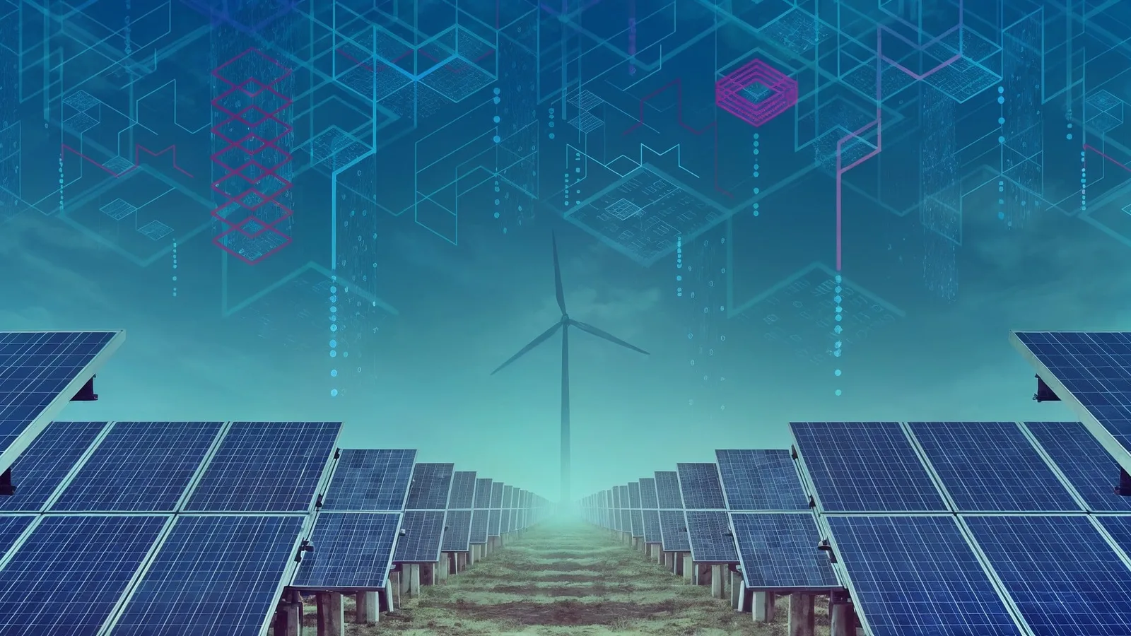 Panouri solare și turbine eoliene într-un peisaj futurist, simbolizând tehnologia verde.