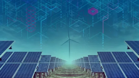 Panouri solare și turbine eoliene într-un peisaj futurist, simbolizând tehnologia verde.