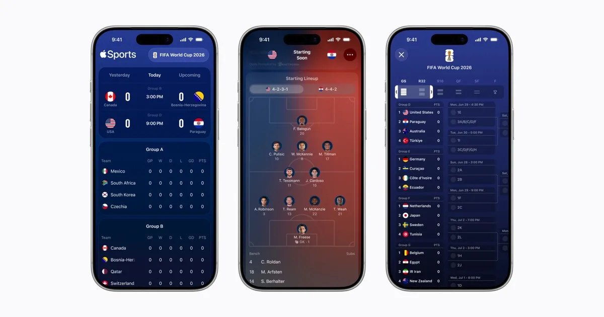Interfața aplicației Apple Sports pe dispozitive mobile, cu scoruri și echipe.
