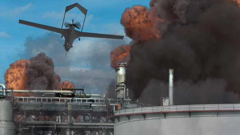 Drone atacând o rafinărie în flăcări, cu fum dens în jur.